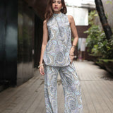 Blue Mandala Print Crushed Satin Co-ord Set